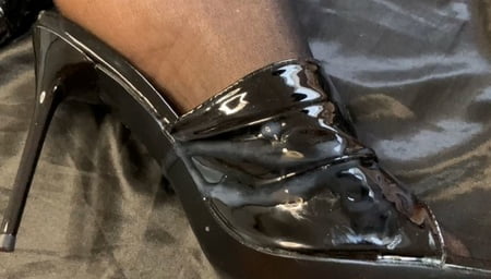 cum on black high heel mules         