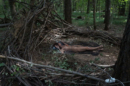 in forest cradle with apple         