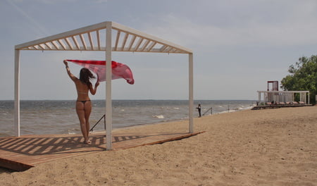 red shawl on windy weather         