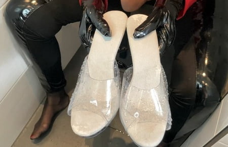 clear high heel mules pissing         