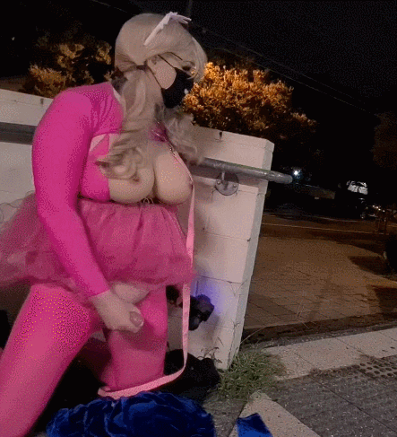 Pink leashed sissy in public #11