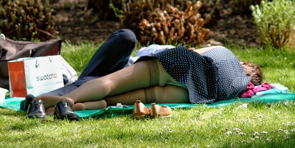 Blonde With Shades Chilling In The Park And Upskirt.