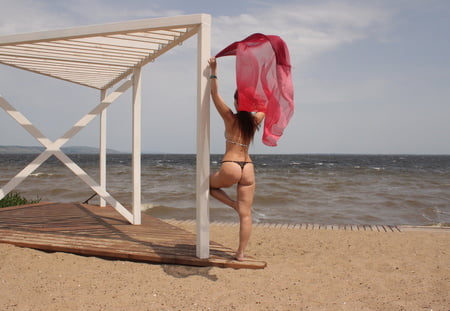 red shawl on windy weather         