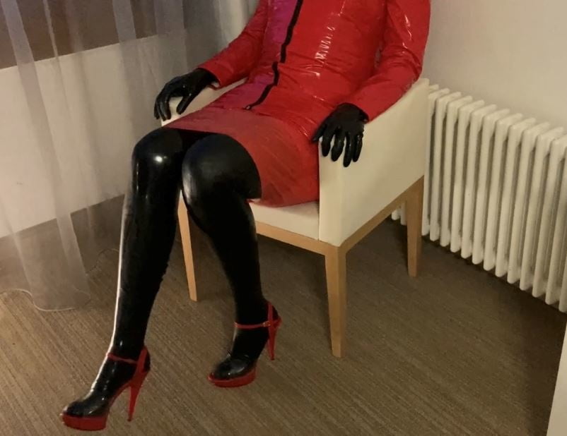 Red And Black Latex Corslette, Gloves And Stockings
