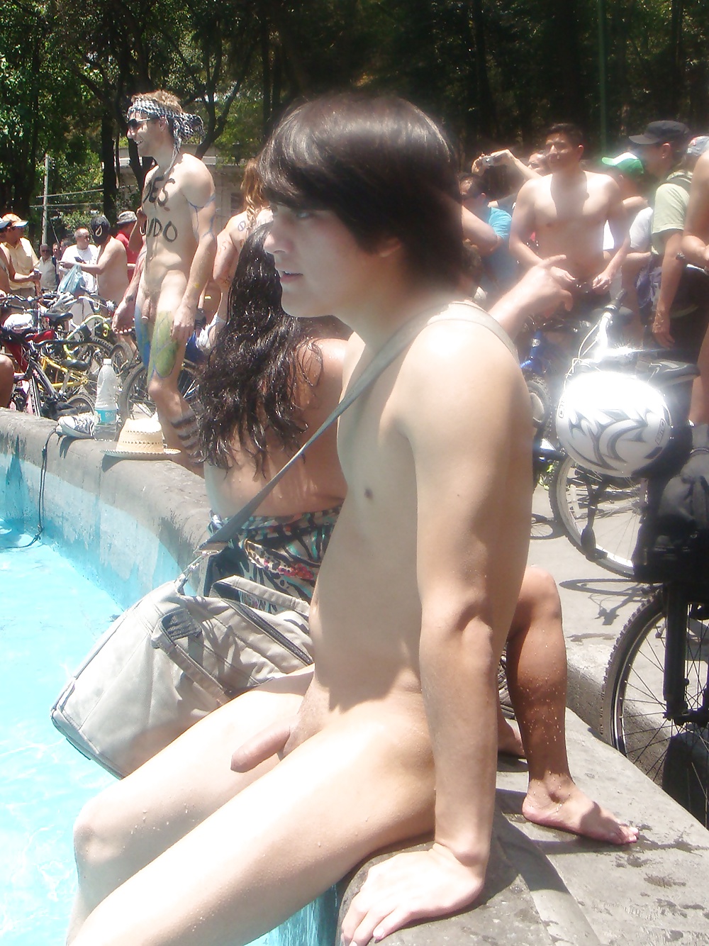 Nude men in pool