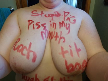 Fat pig slave humiliated with body writing pic photo